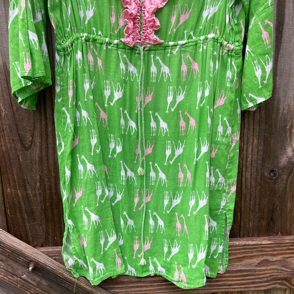 Boutique Giraffe Dress Green with Pink Ruffle Trim Sz M - Picture 5 of 10